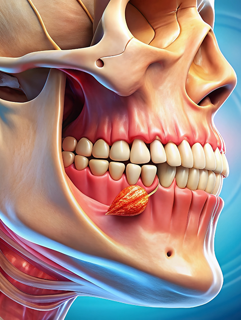 Illustrated x ray of a person's skull jaws and teeth