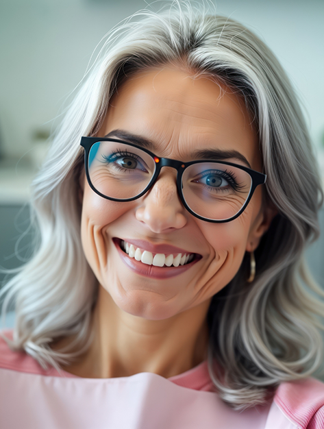 Smiling woman with long gray hair and glasses