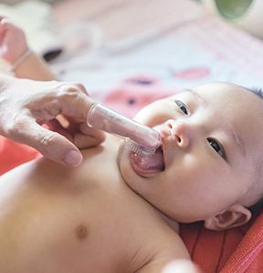 Adult cleaning a baby's gums with a finger brush