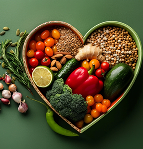 Heart shaped plate filled with fruits, vegetables, and nuts
