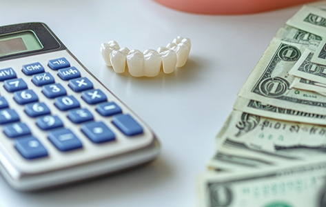 Model of teeth on a desk next to a calculator and several dollar bills