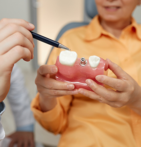 Dentist showing a model of a dental implant to a patient