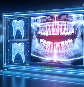 X ray of a person's teeth with close up models of two specific teeth