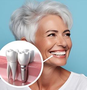Senior woman grinning with a dental implant replacing a tooth