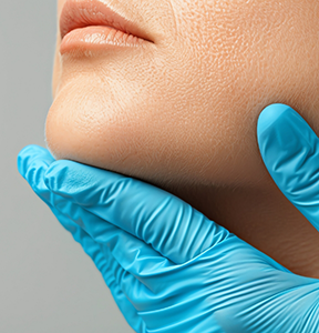 Gloved hand touching a patient's lower jaw