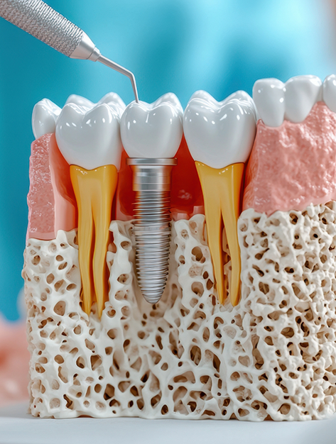 Model of a dental implant in the jawbone