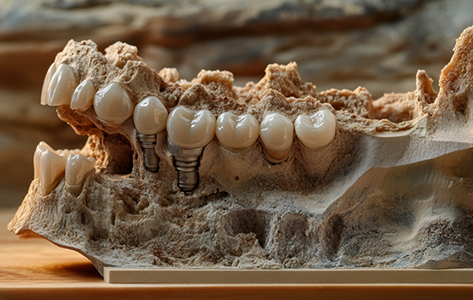 Model of the lower jawbone with natural teeth and two dental implants