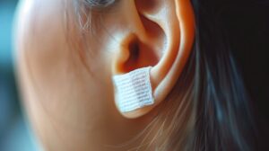 Person wearing small bandage after earlobe repair